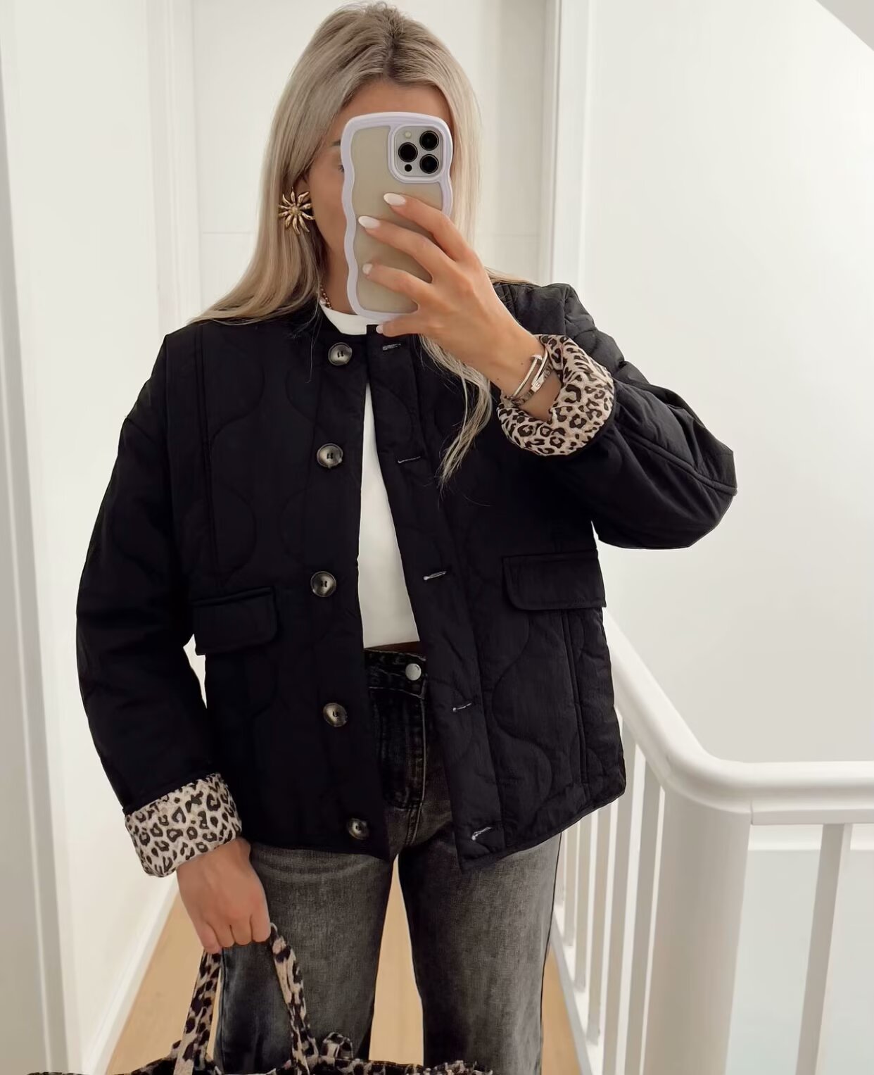 Leopar Detaylı Kapitone Ceket