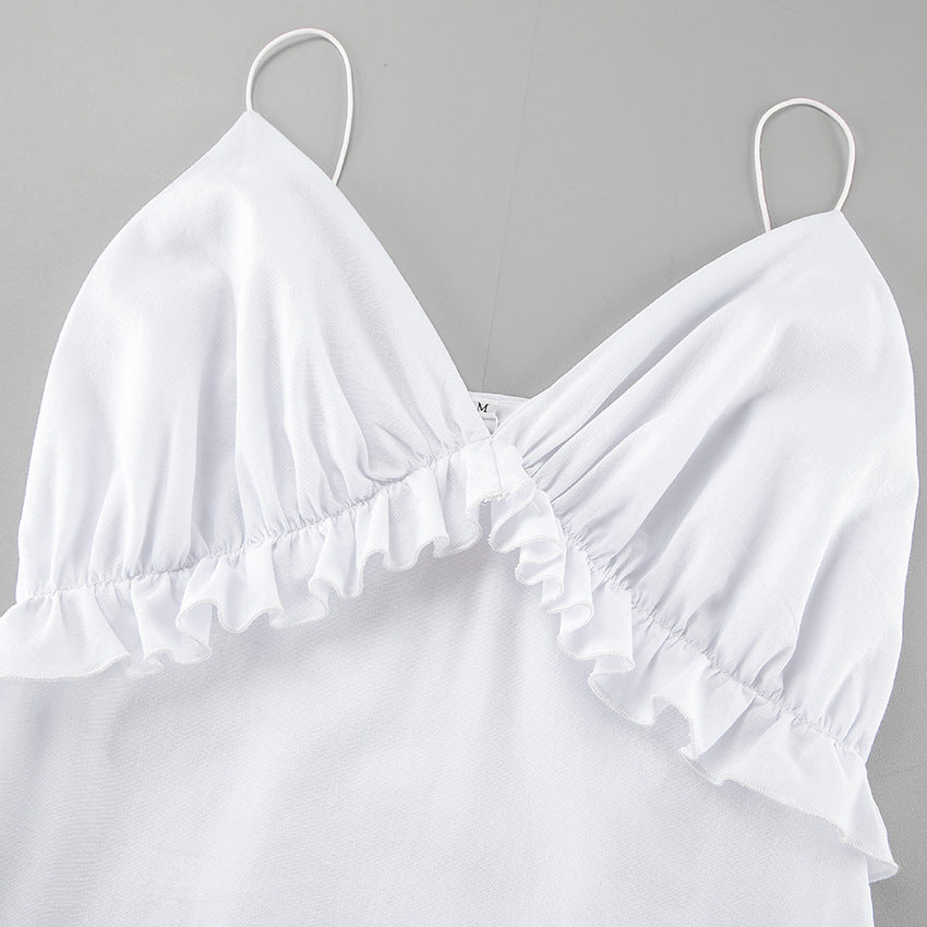 Lamoderoyale™ | Volan Detaylı Askılı Beyaz Yazlık Elbise