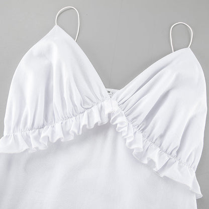 Lamoderoyale™ | Volan Detaylı Askılı Beyaz Yazlık Elbise