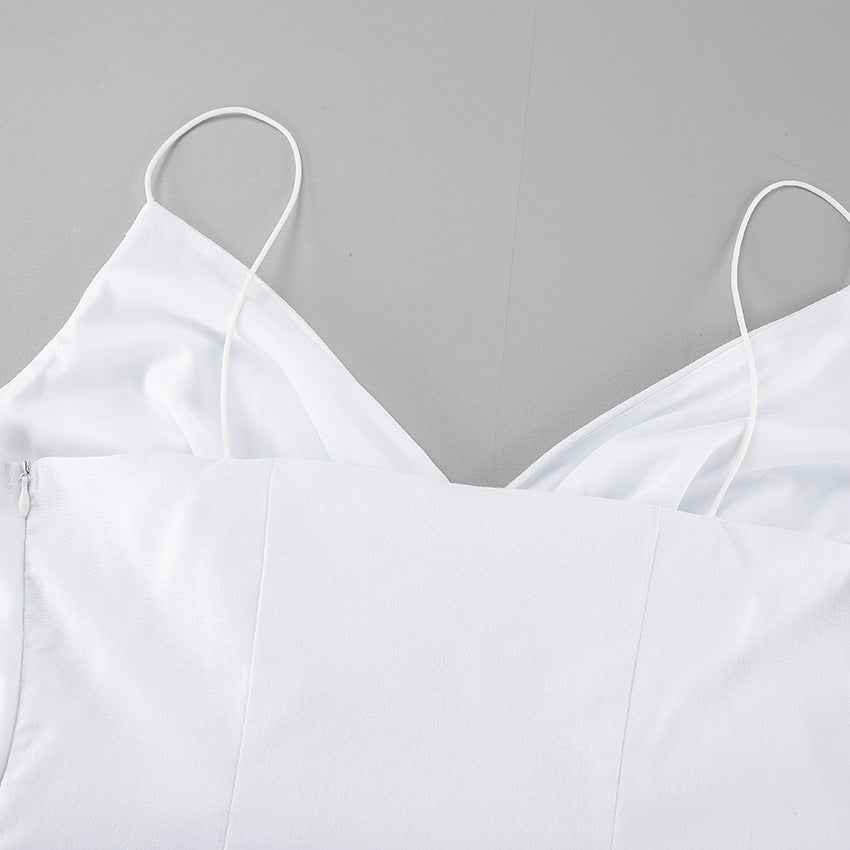 Lamoderoyale™ | Volan Detaylı Askılı Beyaz Yazlık Elbise