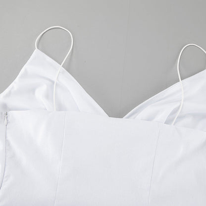 Lamoderoyale™ | Volan Detaylı Askılı Beyaz Yazlık Elbise