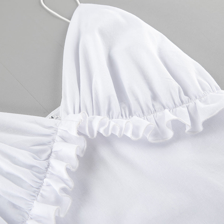 Lamoderoyale™ | Volan Detaylı Askılı Beyaz Yazlık Elbise