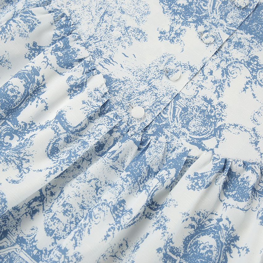 Lamoderoyale™ | Bleu Toile Takım – 2 Parça Vintage Desenli Mini Etek & Gömlek Seti