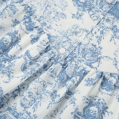 Lamoderoyale™ | Bleu Toile Takım – 2 Parça Vintage Desenli Mini Etek & Gömlek Seti