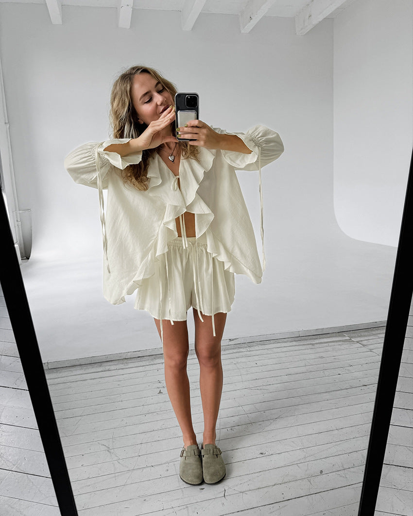 Lamoderoyale™ |  Fırfırlı Şortlu Takım – Natürel Şıklığın Yeni Yüzü!