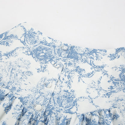 Lamoderoyale™ | Bleu Toile Takım – 2 Parça Vintage Desenli Mini Etek & Gömlek Seti