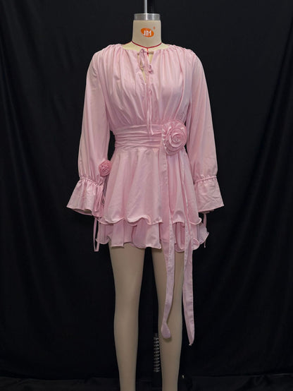 Lamoderoyale™ | Rosé Bloom Fırfırlı Mini Elbise