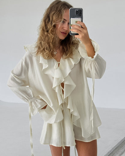 Lamoderoyale™ |  Fırfırlı Şortlu Takım – Natürel Şıklığın Yeni Yüzü!