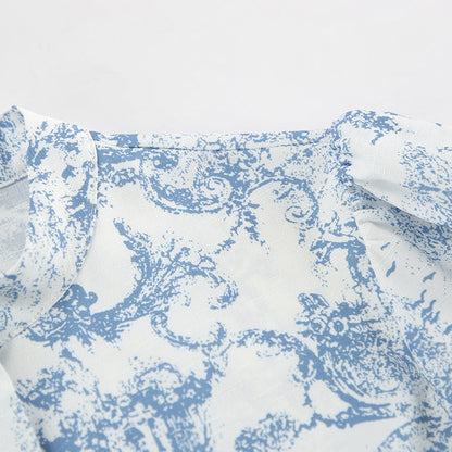 Lamoderoyale™ | Bleu Toile Takım – 2 Parça Vintage Desenli Mini Etek & Gömlek Seti