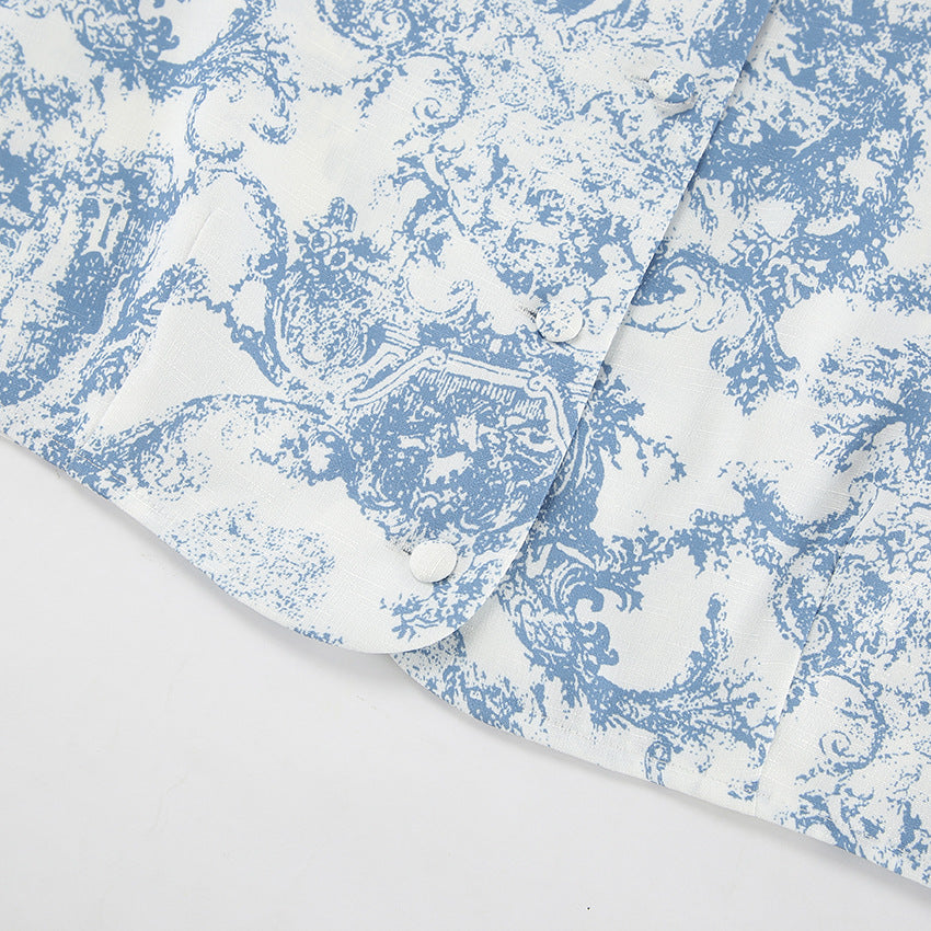 Lamoderoyale™ | Bleu Toile Takım – 2 Parça Vintage Desenli Mini Etek & Gömlek Seti