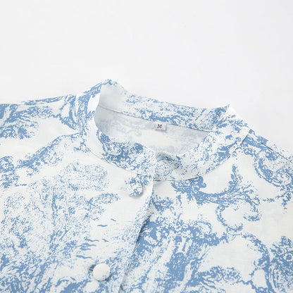 Lamoderoyale™ | Bleu Toile Takım – 2 Parça Vintage Desenli Mini Etek & Gömlek Seti