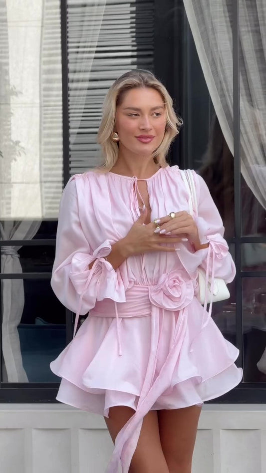 Lamoderoyale™ | Rosé Bloom Fırfırlı Mini Elbise