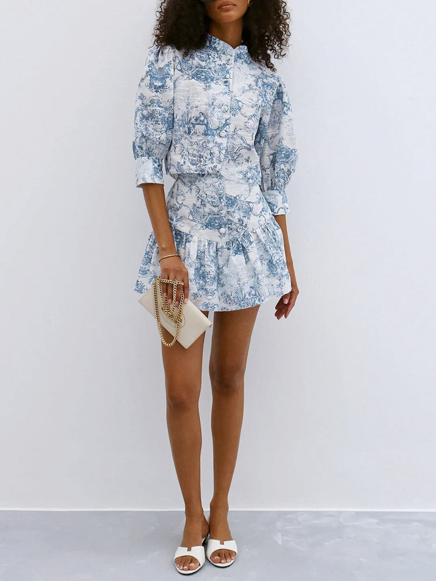 Lamoderoyale™ | Bleu Toile Takım – 2 Parça Vintage Desenli Mini Etek & Gömlek Seti