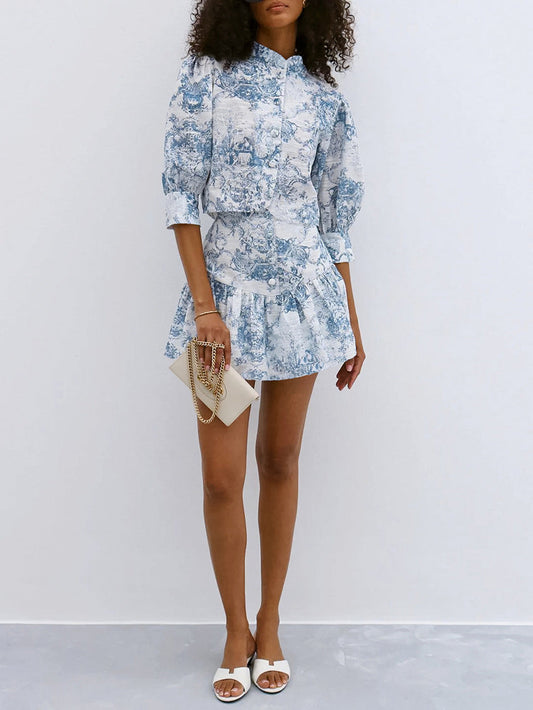 Lamoderoyale™ | Bleu Toile Takım – 2 Parça Vintage Desenli Mini Etek & Gömlek Seti