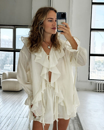 Lamoderoyale™ |  Fırfırlı Şortlu Takım – Natürel Şıklığın Yeni Yüzü!