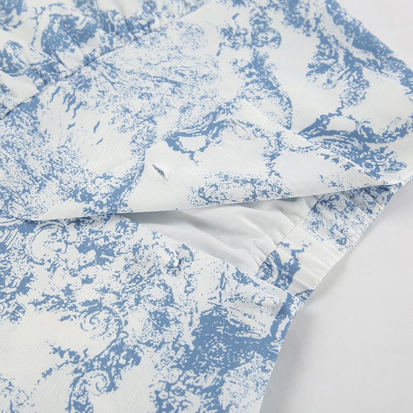 Lamoderoyale™ | Bleu Toile Takım – 2 Parça Vintage Desenli Mini Etek & Gömlek Seti