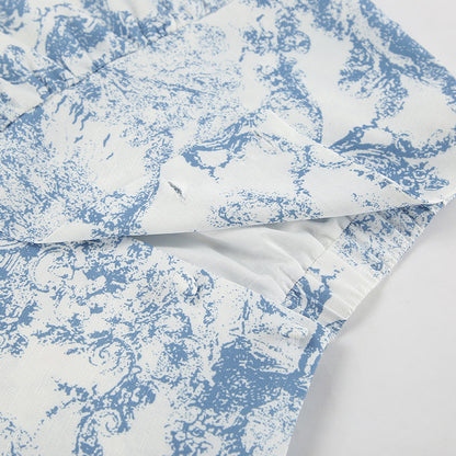 Lamoderoyale™ | Bleu Toile Takım – 2 Parça Vintage Desenli Mini Etek & Gömlek Seti