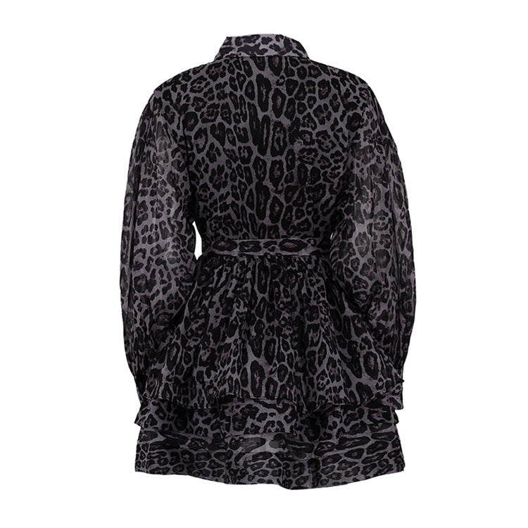 Lamoderoyale™ | Leopar Desenli Kat Kat Şifon Elbise