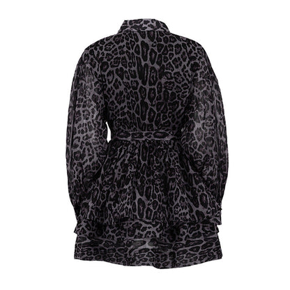 Lamoderoyale™ | Leopar Desenli Kat Kat Şifon Elbise