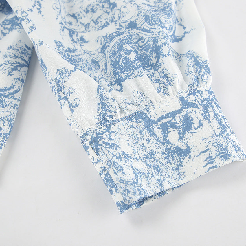 Lamoderoyale™ | Bleu Toile Takım – 2 Parça Vintage Desenli Mini Etek & Gömlek Seti