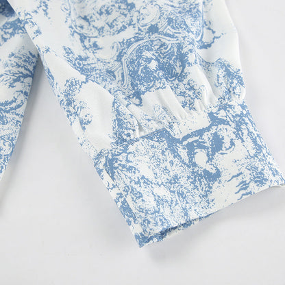 Lamoderoyale™ | Bleu Toile Takım – 2 Parça Vintage Desenli Mini Etek & Gömlek Seti