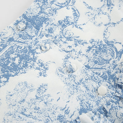 Lamoderoyale™ | Bleu Toile Takım – 2 Parça Vintage Desenli Mini Etek & Gömlek Seti