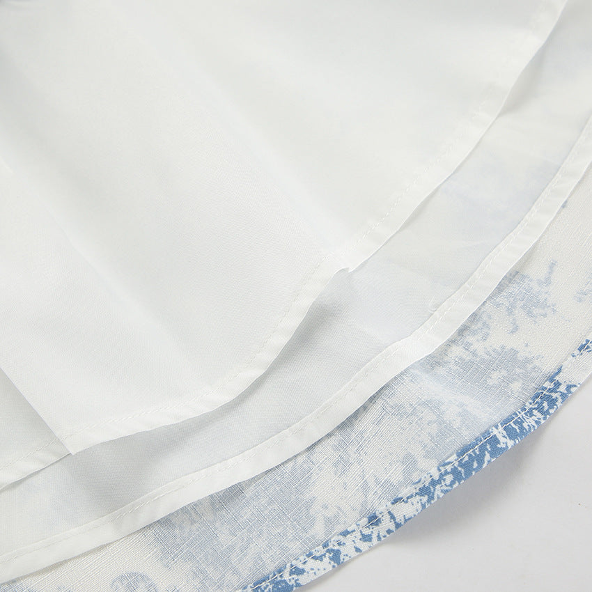 Lamoderoyale™ | Bleu Toile Takım – 2 Parça Vintage Desenli Mini Etek & Gömlek Seti