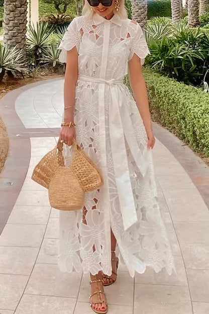 Lamoderoyale™ | Dantel Detaylı Beyaz Uzun Elbise