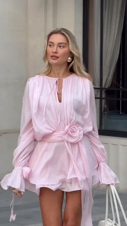 Lamoderoyale™ | Rosé Bloom Fırfırlı Mini Elbise