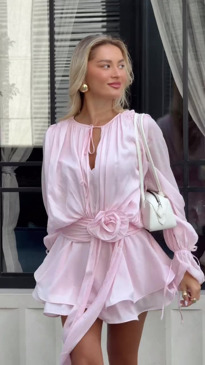 Lamoderoyale™ | Rosé Bloom Fırfırlı Mini Elbise